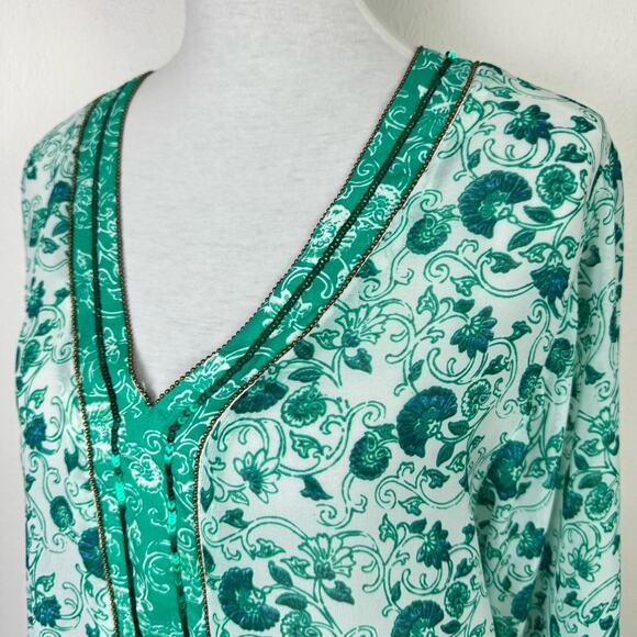 Chico's Sz 0 Congo Floral Tunic Green Print Sheer Embellished V-neck Blouse - Picture 7 of 13